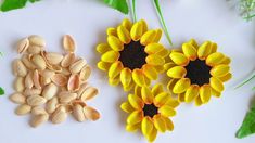 sunflower seeds and leaves on a white surface