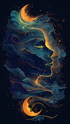 a woman's face in the night sky with stars and crescents on it