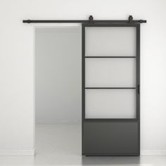 an open sliding door in a white room