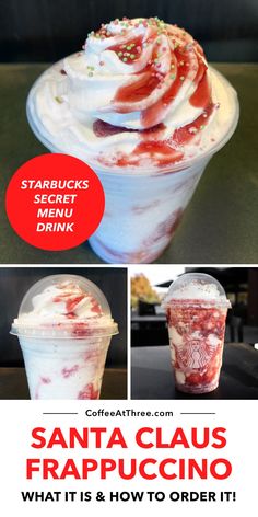 santa claus frappuccino ice cream with strawberries and whipped cream