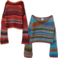 two knitted sweaters sitting next to each other