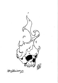 a drawing of a skull with flames coming out of it