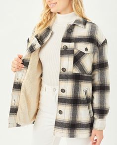 Black Plaid Sherpa Lined Shacket w/Pockets Plaid Shacket, Button Up Jacket, Woven Jacket, Flannel Tops, Graphic Tops, Plaid Jacket, Sherpa Lined, China Fashion, Black Plaid