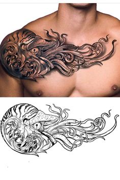 a man's chest with an octopus tattoo design on the left side of his chest