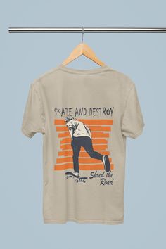 "This vintage style skateboarding t-shirt features a bold and iconic slogan that reads \"Skate or Destroy\" in large letters at the top of the design. The lettering is done in a retro font that harkens back to the early days of skateboarding, when the sport was still developing its rebellious and counter-cultural identity. Beneath the slogan, the t-shirt showcases a graphic print of a skateboarder against a backdrop of abstract shapes and splatters. The design is done in a distressed, worn-out style that adds to the vintage feel of the shirt, giving it the appearance of a beloved skateboarding tee that's been worn and cherished for years. .: 100% cotton (fiber content may vary for different colors) .: Medium fabric (5.3 oz/yd² (180 g/m .: Classic fit .: Tear-away label .: Runs true to size Vans Vintage, 90s Skate, Skate And Destroy, Skate Shirts, Skateboard Tshirt, Skateboard Girl, Cultural Identity, Skateboarder, Vintage Birthday