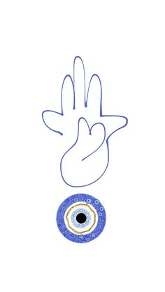 a drawing of a hand with two fingers over a blue object that looks like an eye