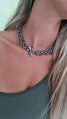 ▪  A beautiful necklace made of two layers of a cable chain Connected to a toggle clasp, made of OXIDE brass plated silver, The necklace Is full of presence and suitable For evening events and also for every day.     ▪  Chain length: 15" (38cm) up to 19.8" (50cm)  The measure refers to the chain when it is double.    (If you are interested in a different size you can send me a message).     Width toggle: 0.98" (2.5cm)      Width double chain:  0.59"(1.2cm)     Thick chain: 0.12"  (3mm) ▪  Layere Chain Necklace Set, Link Jewelry, Layered Chain Necklace, Layered Chain, Stacked Necklaces, Layered Chains, Double Chain, Chunky Necklace, Beautiful Necklace