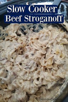 slow cooker beef stroganoni in a skillet with text overlay