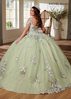 3D Floral Cold Shoulder Quinceanera Dress by Rachel Allan RQ1125 – ABC Fashion Purple Quinceanera Theme, Enchanted Forest Quinceanera, Quinceanera Dresses Green, Green Quinceanera Dresses, Forest Dress, Quinceanera Themes Dresses, Mary's Bridal, Sage Green Dress, Quinceanera Themes