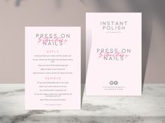 two business cards with the words press on nails and apply on nails written in pink ink