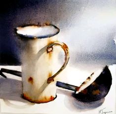 a painting of a rusted coffee cup and spoon