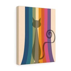 a cat sitting on top of a rainbow striped canvas wall art print with the silhouette of a cat