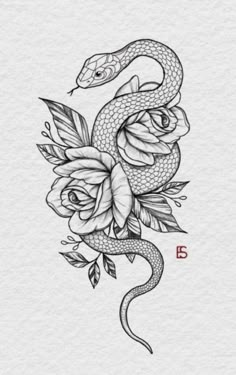 a drawing of a snake with roses on it