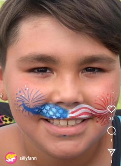 4th Of July Face Glitter Ideas, Fourth Of July Facepainting, Usa Day Spirit Week Outfit Face Paint, July 4th Face Painting Ideas, Red White And Blue Face Paint Ideas