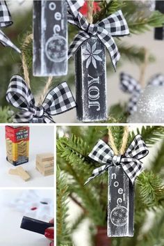 christmas ornaments made out of wooden blocks and black and white plaid ribbon hanging from a tree