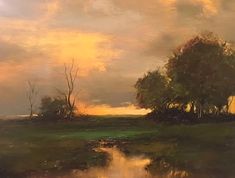 an oil painting of trees and water at sunset