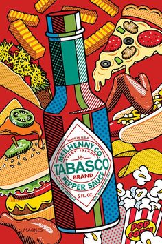 a bottle of tabasco on a red background with many different foods and condiments