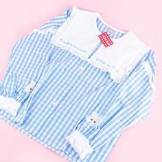 ACDC RAG Kuma-ying Blouse - Blippo Kawaii Shop Bib Embroidery, Takeshita Dori, Lettering Embroidery, Checkered Blouse, Sailor Shirt, Yume Kawaii, Bib Collar, Kawaii Shop, Clothes Sewing