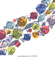 many small colorful fish swimming in the sea together, drawn by hand with colored pencils