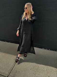 Embrace your inner fashionista with our Positano Maxi Dress. Made from 100% Italian linen, this semi-sheer dress is both light and airy, perfect for those warm summer days. Benissimo! Long sleeve sheer dress Black Light and airy One size fits most Maxi or midi depending on height Model is 5’2, wearing a S Material: 100% Italian linen Wash: Hand wash recommended. Hang to dry. Chic Long Sleeve Maxi Dress For Summer, Chic Long Sleeve Summer Maxi Dress, Chic Long Sleeve Maxi Dress For Beach, Chic Linen Maxi Dress For Day Out, Breezy Long Sleeve Maxi Dress For Vacation, Summer Long Sleeve Midi Dress For Beach, Summer Long Sleeve Midi Dress For Beach Cover-up, Chic Maxi Linen Dress For Brunch, Chic Flowy Linen Dress