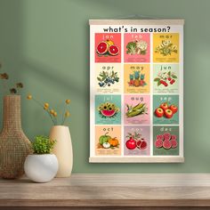 there is a poster on the wall next to vases with flowers and fruit in them