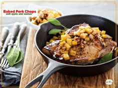 pork chops in a skillet with pineapple and sage