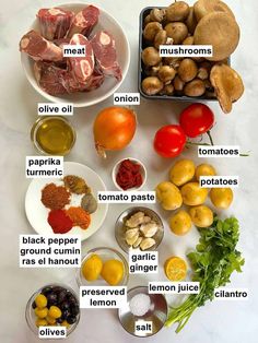 the ingredients to make this recipe include meat, potatoes, tomatoes, olives, lemons and mushrooms