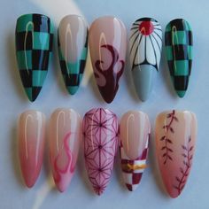 Demon Slayer Nails Tengen, Anime Nail Art Tutorial, Demon Slayer Acrylic Nails, Cute Anime Nail Designs, Demon Slayer Nail Ideas, Nezuko Nails Acrylic, Mitsuri Kanroji Nails, Inosuke Nails, Giyuu Nails