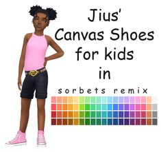 a girl in pink shirt and black shorts with text overlay that reads, jus canvas shoes for kids in sorbetstremix