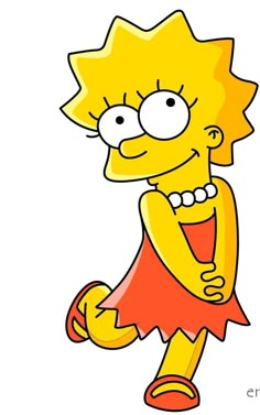 the simpsons character is wearing an orange dress and red shoes with her hand on her hip