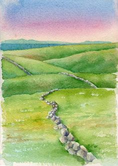 a watercolor painting of a path in the middle of a green field with hills