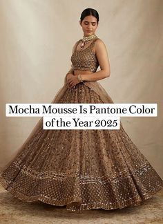 a woman in a brown and gold gown with the caption mocha mouse is pantone color of the year 2095