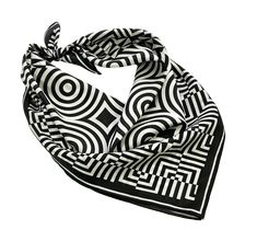 This lovely black and white square silk scarf is printed on natural silk with a mid-century-inspired graphic circle design. A unique and artful scarf that is perfect in all seasons.All scarves come in a pretty gift box - great for safekeeping and giving as a unique gift for your mom, sister, or best friend - or a special treat for yourself.Approx. Size: 26” x 26” Black Square Silk Scarf Gift, Chic Black Silk Scarf Gift, Trendy Black Scarf As Gift, Chic Black Scarf For Gift, Trendy Black Silk Square Scarf, Trendy Black Square Silk Scarf, Chic Square Scarves For Gifts, Vintage Black Silk Scarf Gift, Graphic Circle