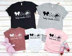 "NEW LISTING SALE PRICELIMITED TIME Matching Universal Vacation tshirts for the whole family! Design features Mickey Head with Castle, HP Glasses with Lightning Bolt, and TRex graphic. The text reads \"Family Vacation 2022\" HOW TO ORDER 1. Select Size/Shirt Color using the drop down menu and click Add to Cart. 2. Once all items are added, click the cart to checkout completed order. Available Shirt colors: Black, White, Heather Grey, Mauve, and Pink. Material: Super Soft, Bella&Canvas brand Disneyland Family Vacation Shirts, Universal Matching Shirts, Universal Studios Orlando Shirts Ideas, Universal Family Vacation Shirts, Universal Tshirt Ideas, Universal Studio Shirt Ideas, Universal Shirts For Family, Universal Family Shirts, Matching Family Vacation Shirts