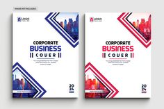 two business brochures with red, white and blue shapes on them in front of a cityscape