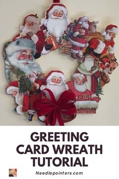 a christmas wreath with santa clauss and other decorations hanging on the front of it