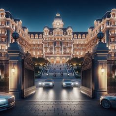 two cars are parked in front of a large building at night with people walking by