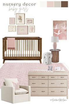 a baby's nursery room with pink and brown accents