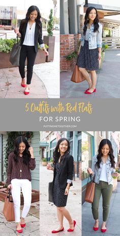 5 Outfits with Red Flats for Spring Red Flats Outfit, Outfits With Red, Clothes Capsule, Red Shoes Outfit, Flat Shoes Outfit, Office Ootd, 5 Outfits, Simple Casual Outfits, Flats Outfit