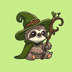 a cartoon slotty with a green hat and cloak holding a stick in its paws