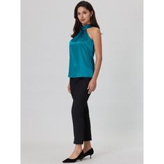 Keep your look professional and stylish in this satin top from Hobemty. This satin top can be a perfect addition to almost any outfit from formal to daily wear, great for work, meetings, office, work, casual, daily dressing, etc. Pair it with pencil skirts or suit pants for an elegant office look. Comfortable and versatile, this satin top is perfect on its own or as a layer under a blazer. Satin Sleeveless Blouse For Work, Formal Satin Sleeveless Blouse, Sleeveless Satin Blouse For Work, Blue Satin Blouse For Work, Blue Satin Blouse For Workwear, Sleeveless Satin Blouse For Evening, Sleeveless Satin Blouse For Formal Occasions, Satin Sleeveless Blouse For Formal Occasions, Elegant Sleeveless Satin Blouse