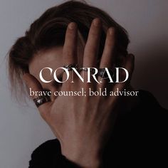 a woman holding her hands up to her face with the words conrad above her