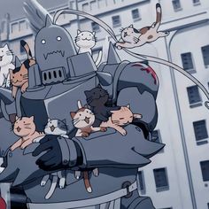 an animated robot with many cats sitting on it's back