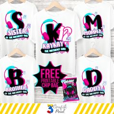 four t - shirts with the words free printable chip bag on them, including one for