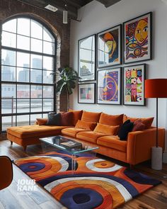 Orange Sectional Living Room Ideas, Modern Pop Living Room, Mismatch Couches Living Room, Orange Sofa Design, Orange Sofa Living Room, Orange Sofa Living Room Ideas, Pop Art Living Room, Blue And Orange Living Room, Modern Art Living Room