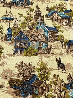 an image of a fabric with houses and horses on it