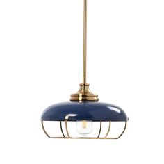 a brass and blue pendant light fixture