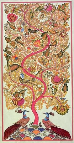 an intricately decorated tree with birds and flowers in the branches, painted on white paper