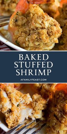 baked stuffed shrimp is served on a plate with a fork, and the title reads baked stuffed shrimp