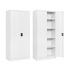 two white cupboards side by side with one open and the other closed